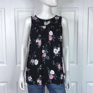 REITMANS women's medium sleeveless top black with pink and white floral print